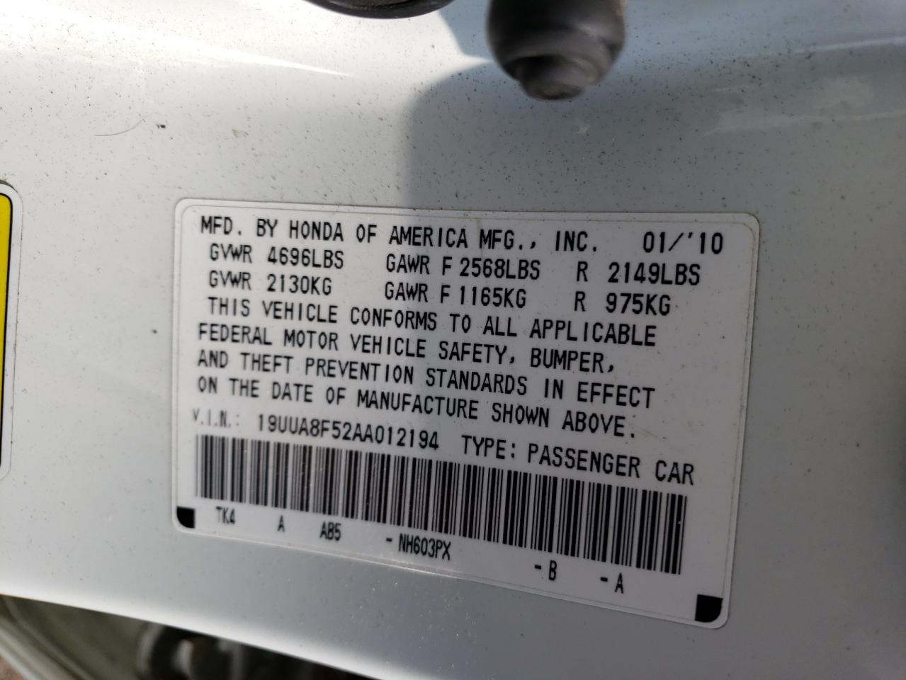 19UUA8F52AA012194 2010 Acura Tl