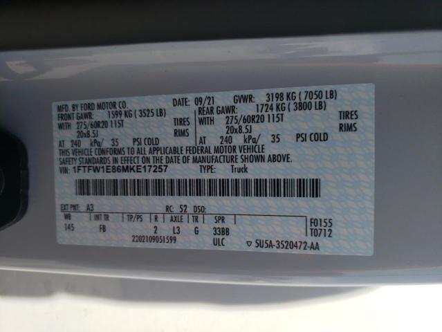 1FTFW1E86MKE17257 Ford F150 Supercrew