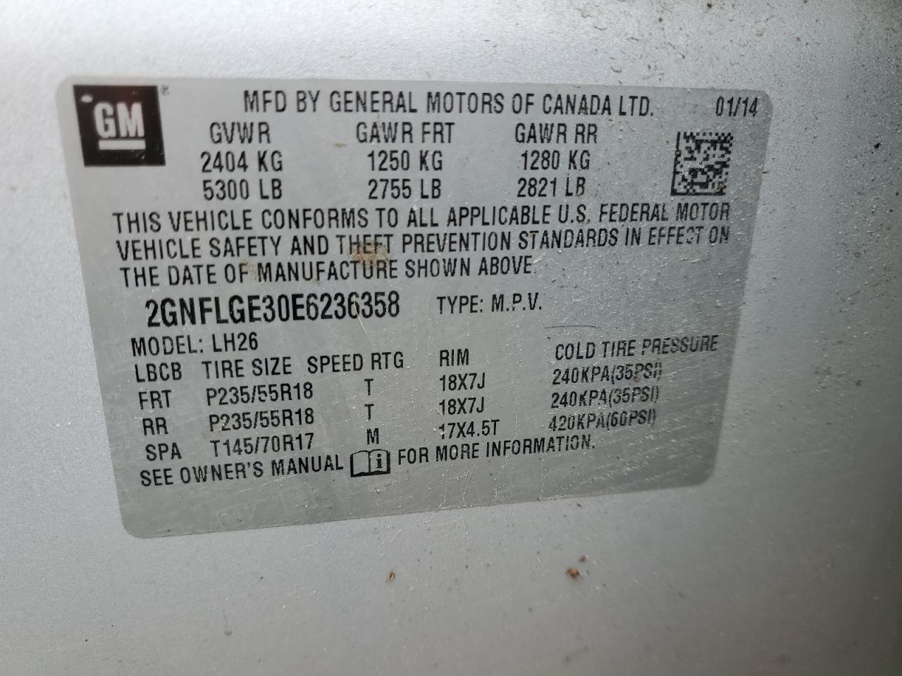 2GNFLGE30E6236358 2014 Chevrolet Equinox Lt