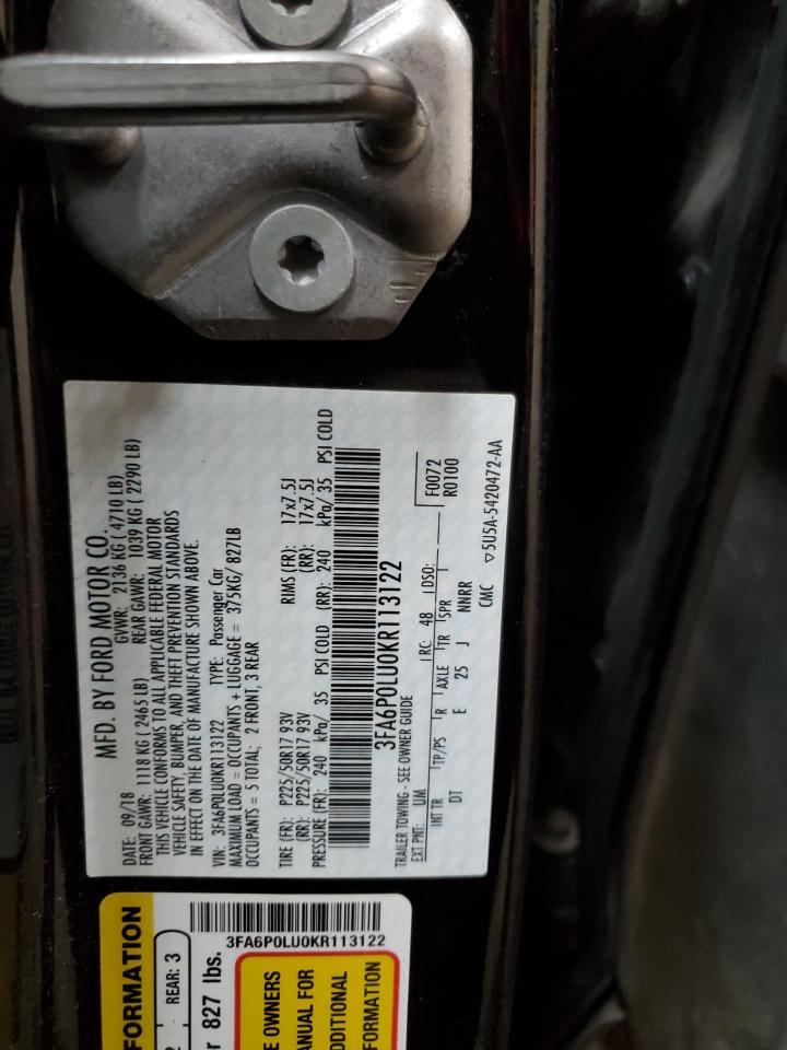 3FA6P0LU0KR113122 FORD FUSION 2019