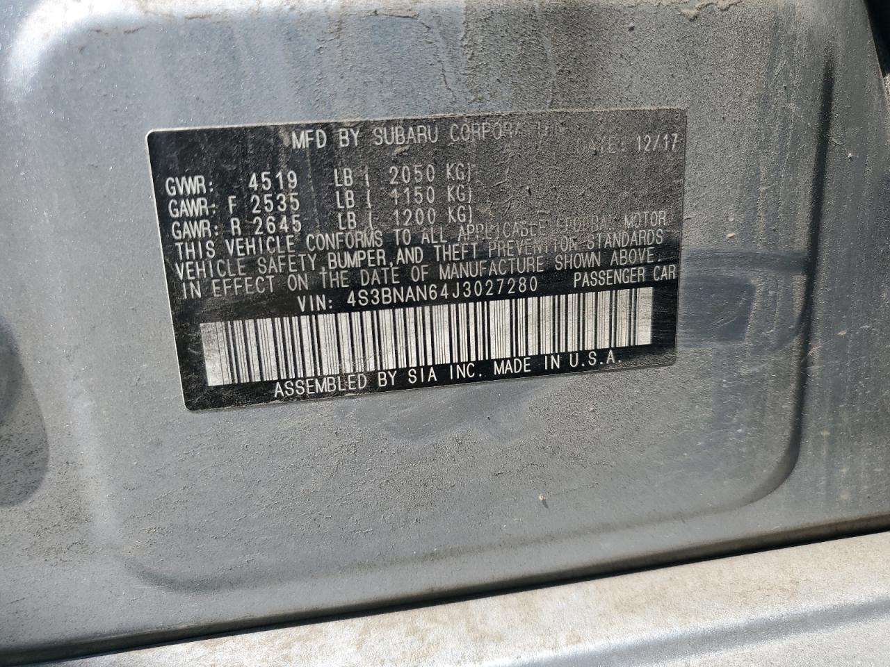 4S3BNAN64J3027280 2018 Subaru Legacy 2.5I Limited