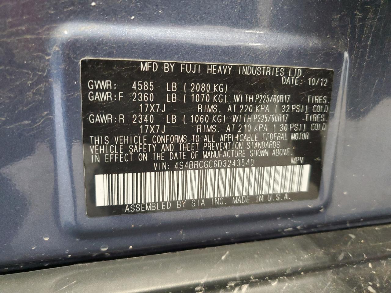 4S4BRCGC6D3243540 2013 Subaru Outback 2.5I Premium