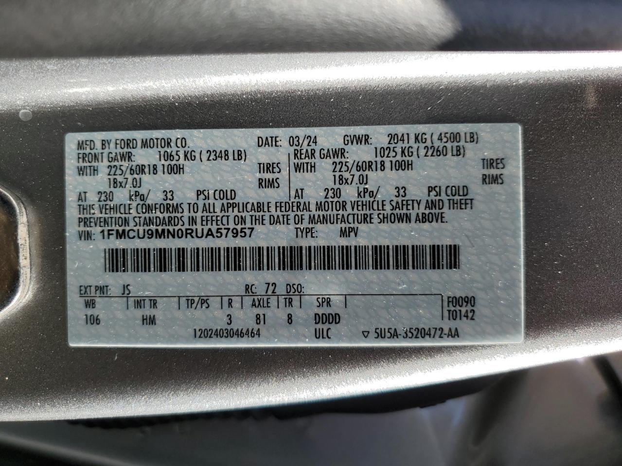1FMCU9MN0RUA57957 FORD ESCAPE ST 2024