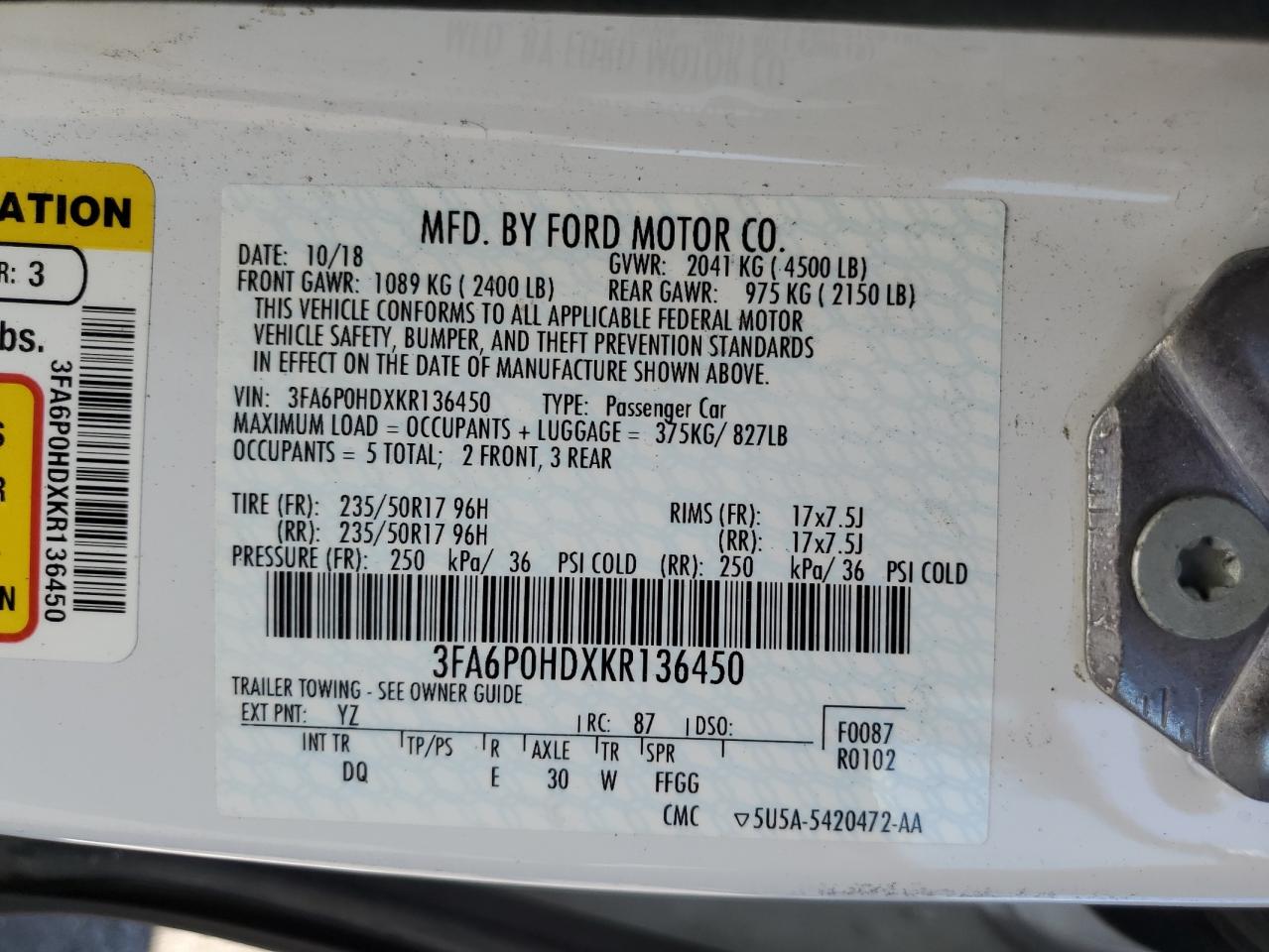 3FA6P0HDXKR136450 FORD FUSION 2019
