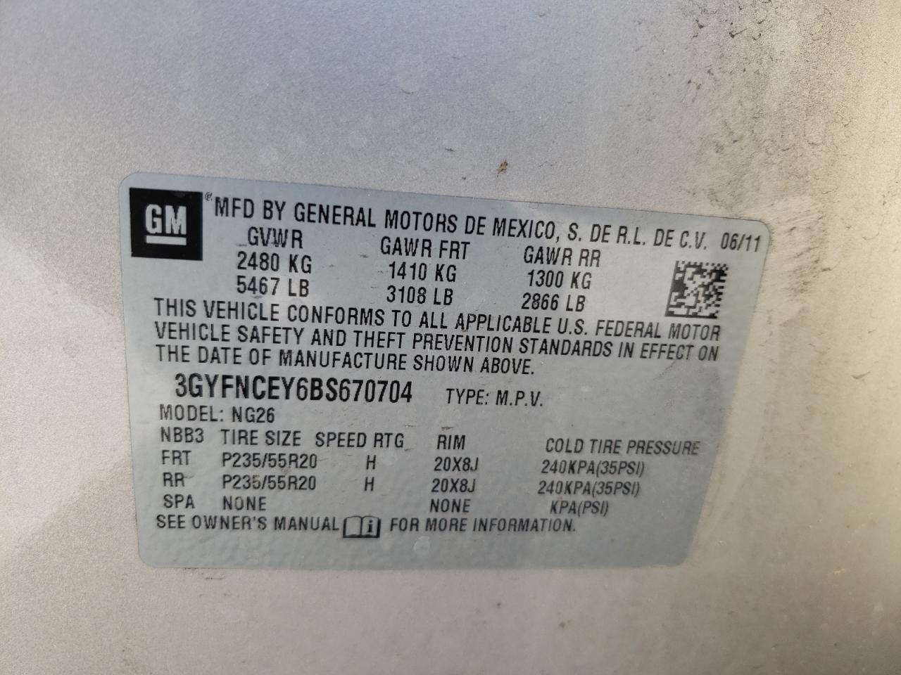 3GYFNCEY6BS670704 2011 Cadillac Srx Premium Collection