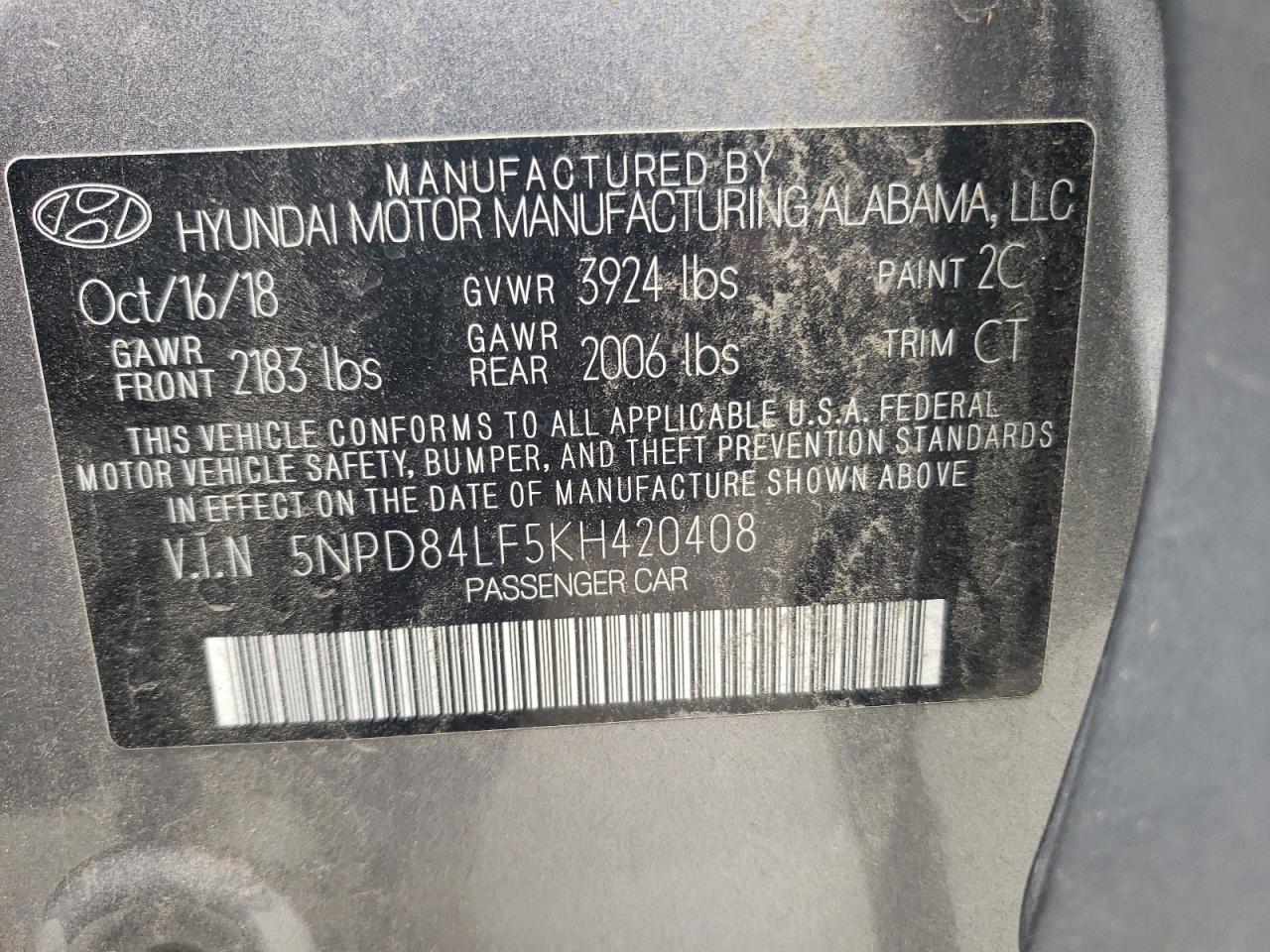 5NPD84LF5KH420408 2019 Hyundai Elantra Sel