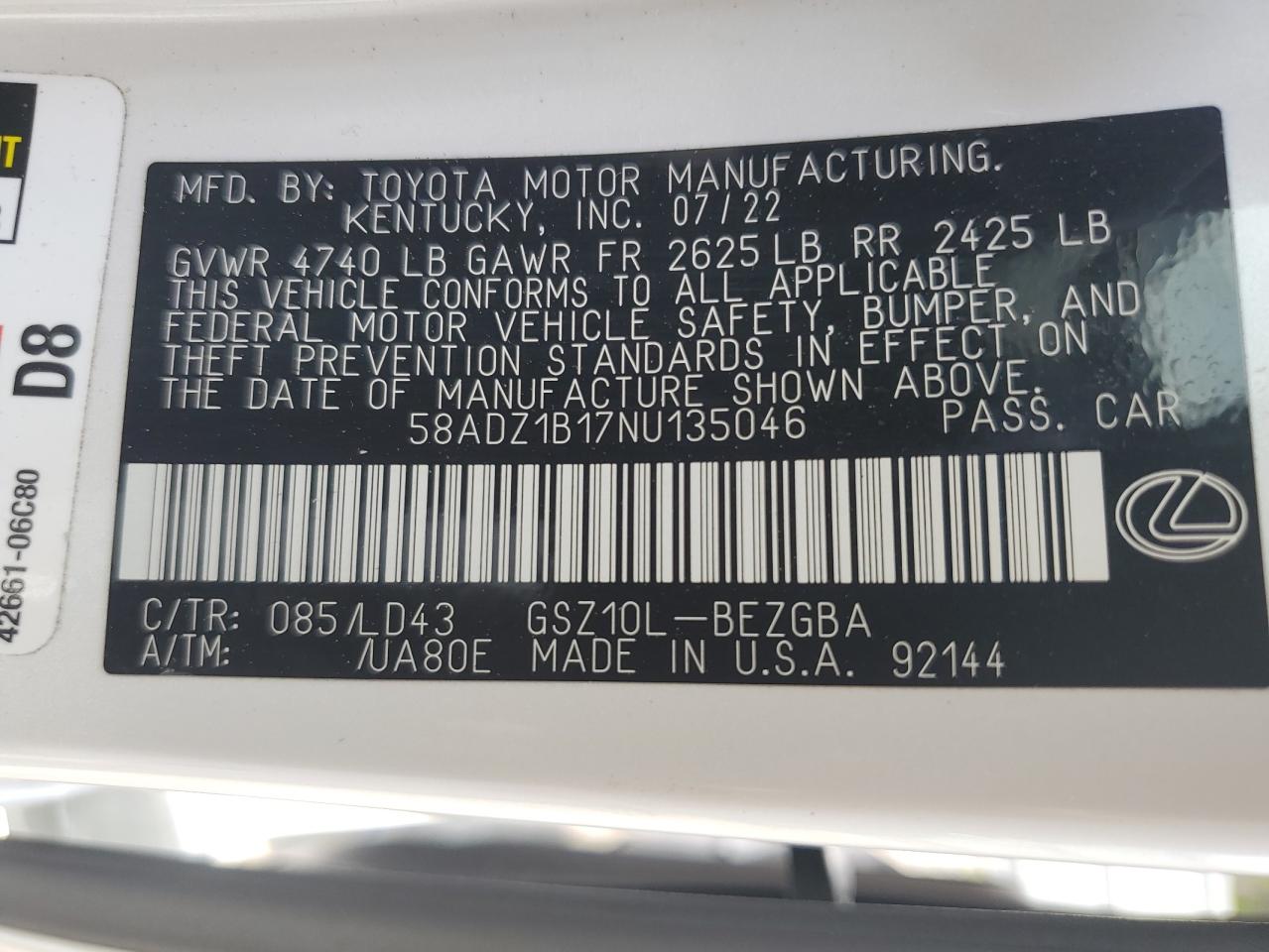 58ADZ1B17NU135046 2022 Lexus Es 350 Base