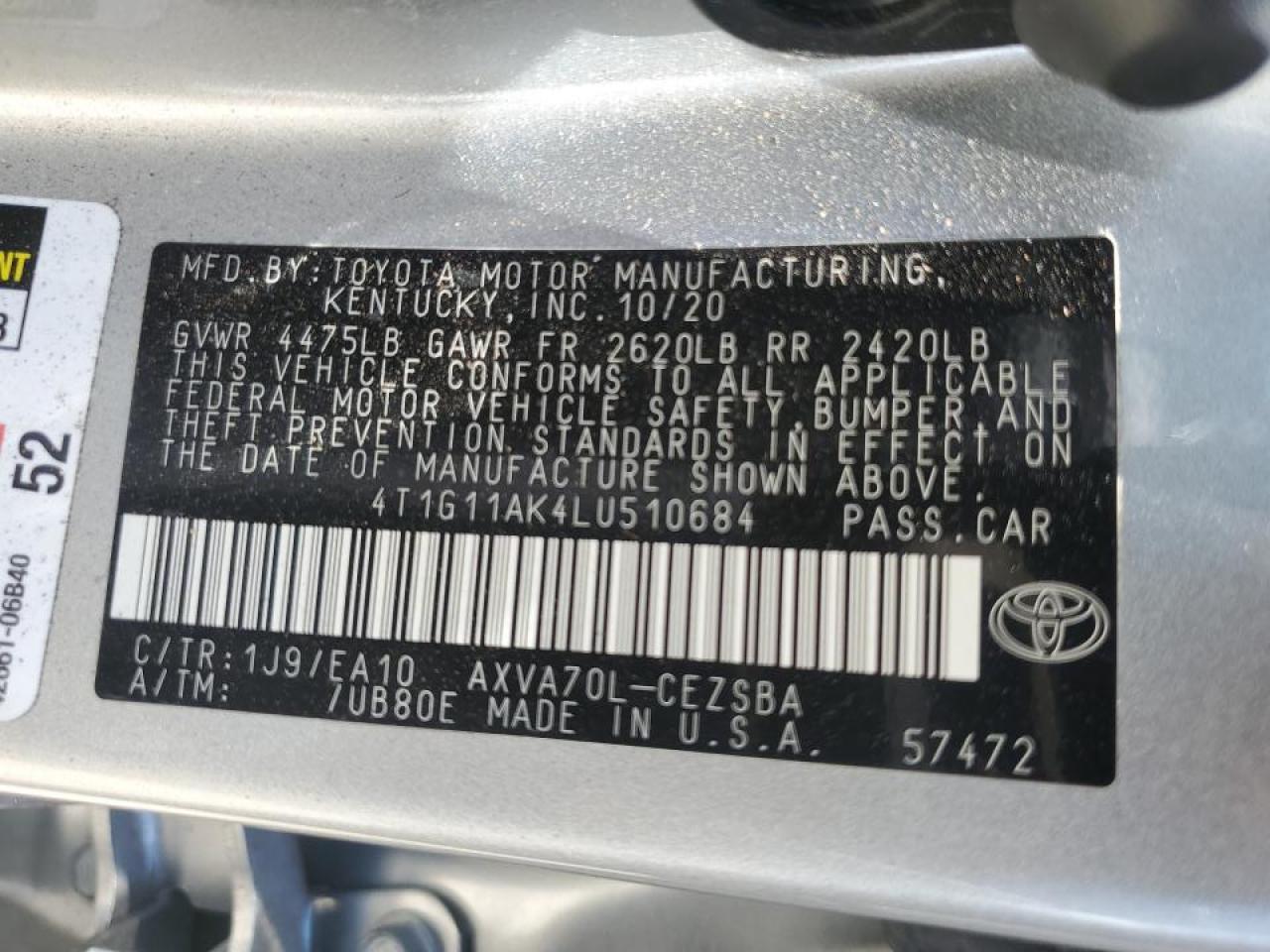 4T1G11AK4LU510684 TOYOTA CAMRY 2020