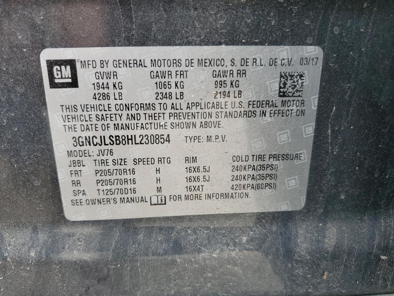 3GNCJLSB8HL230854 2017 Chevrolet Trax 1Lt