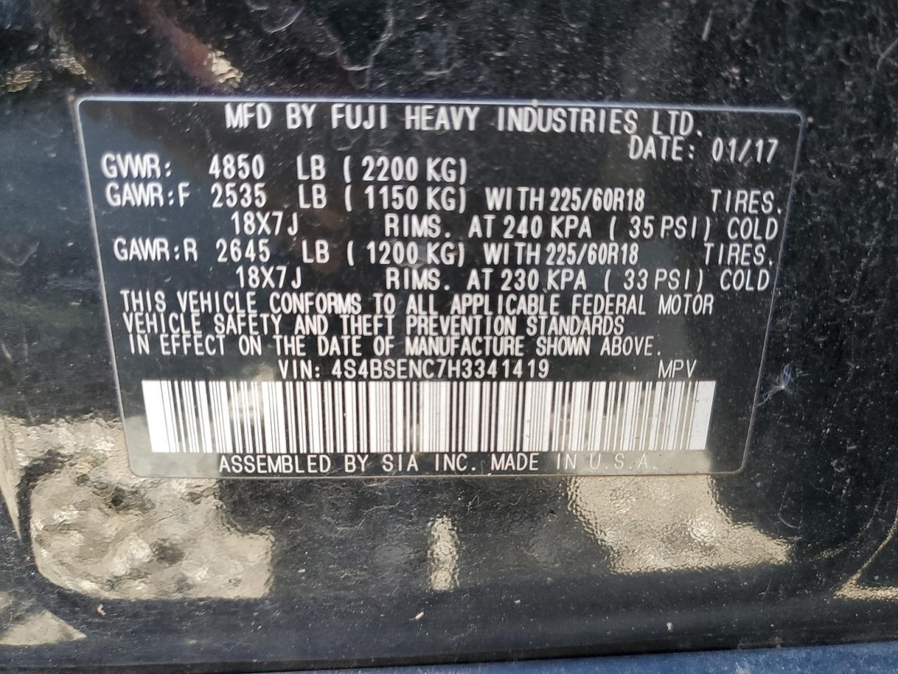 4S4BSENC7H3341419 2017 Subaru Outback 3.6R Limited