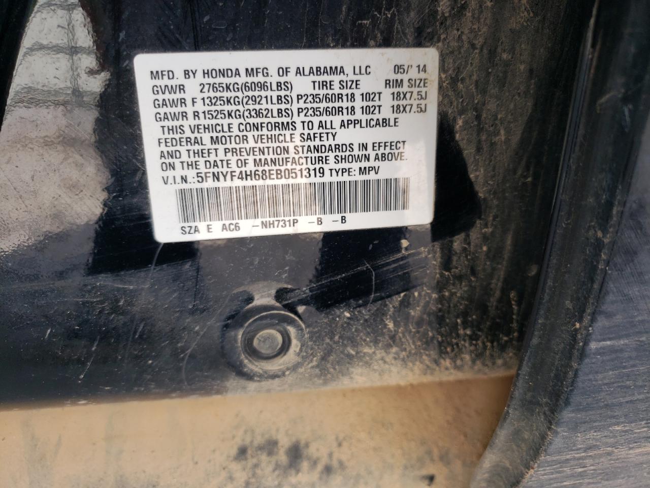 5FNYF4H68EB051319 2014 Honda Pilot Exl