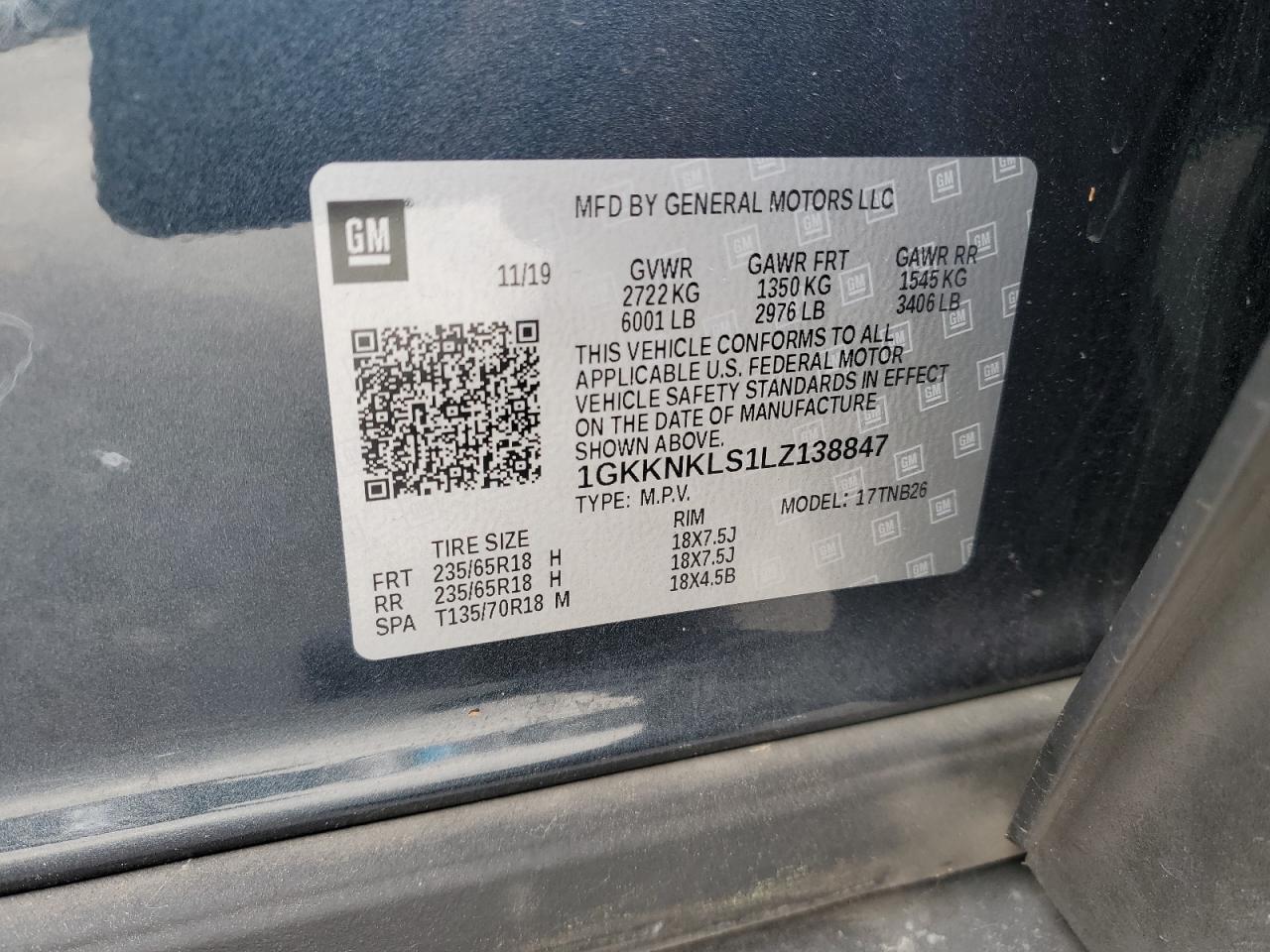 1GKKNKLS1LZ138847 2020 GMC Acadia Sle