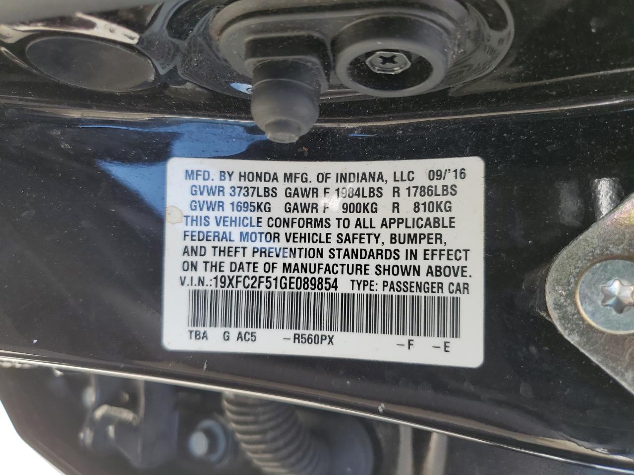 19XFC2F51GE089854 HONDA CIVIC 2016
