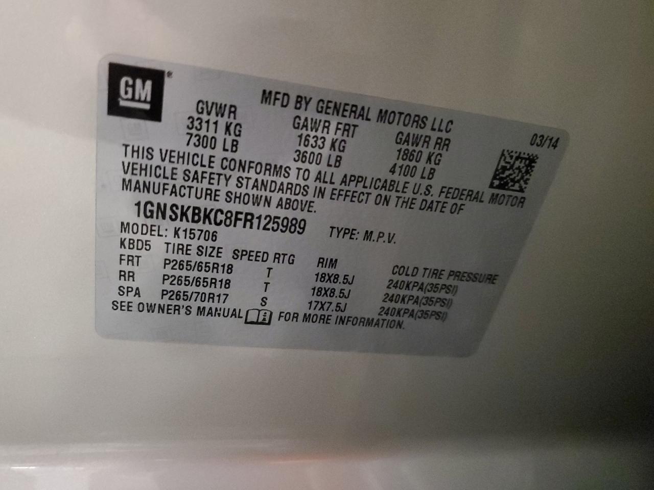 1GNSKBKC8FR125989 2015 Chevrolet Tahoe K1500 Lt