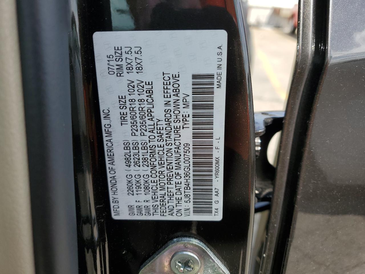 5J8TB4H36GL007509 2016 Acura Rdx