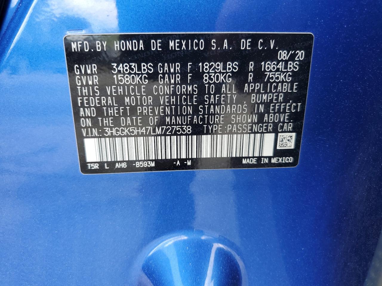 3HGGK5H47LM727538 2020 Honda Fit Lx