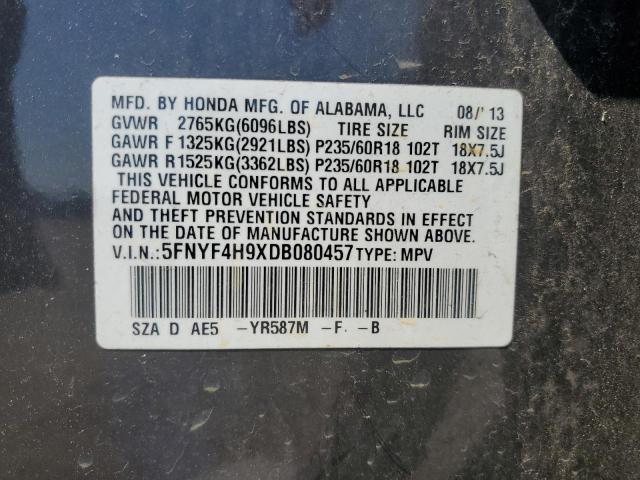 2013 Honda Pilot Touring VIN: 5FNYF4H9XDB080457 Lot: 58447474