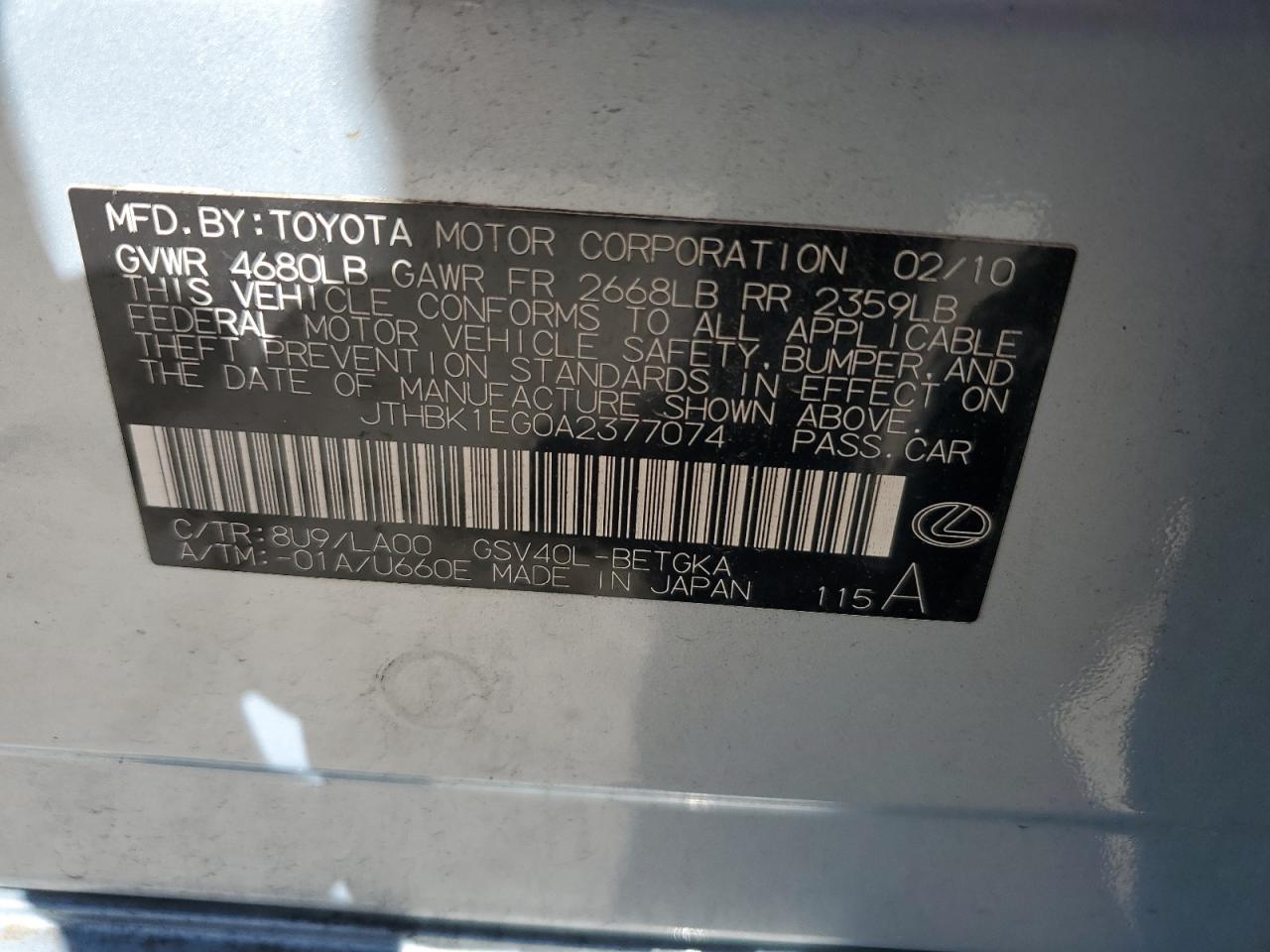 JTHBK1EG0A2377074 2010 Lexus Es 350