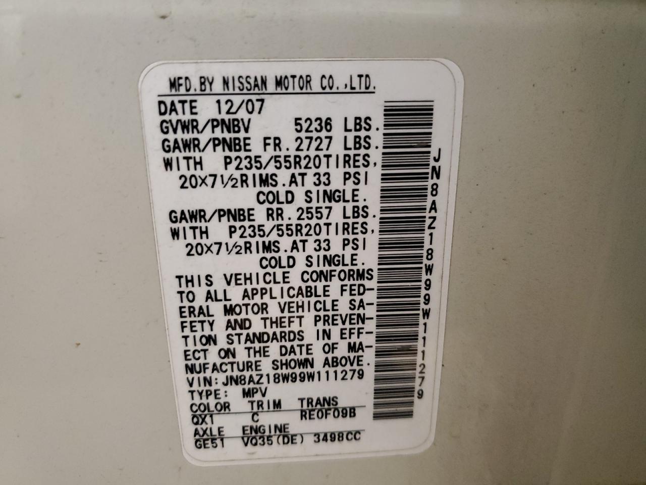 JN8AZ18W99W111279 2009 Nissan Murano S