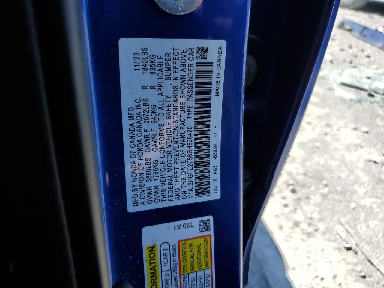 2HGFE2F56RH520420 HONDA CIVIC 2024
