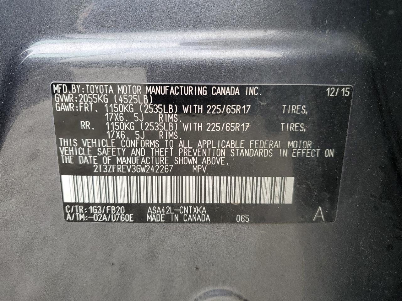 2T3ZFREV3GW242267 TOYOTA RAV4 2016