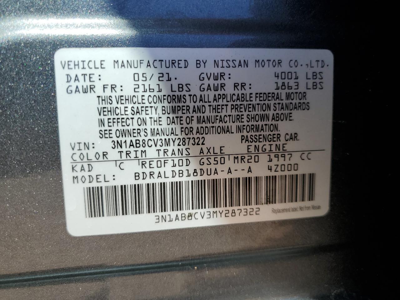 3N1AB8CV3MY287322 2021 Nissan Sentra Sv