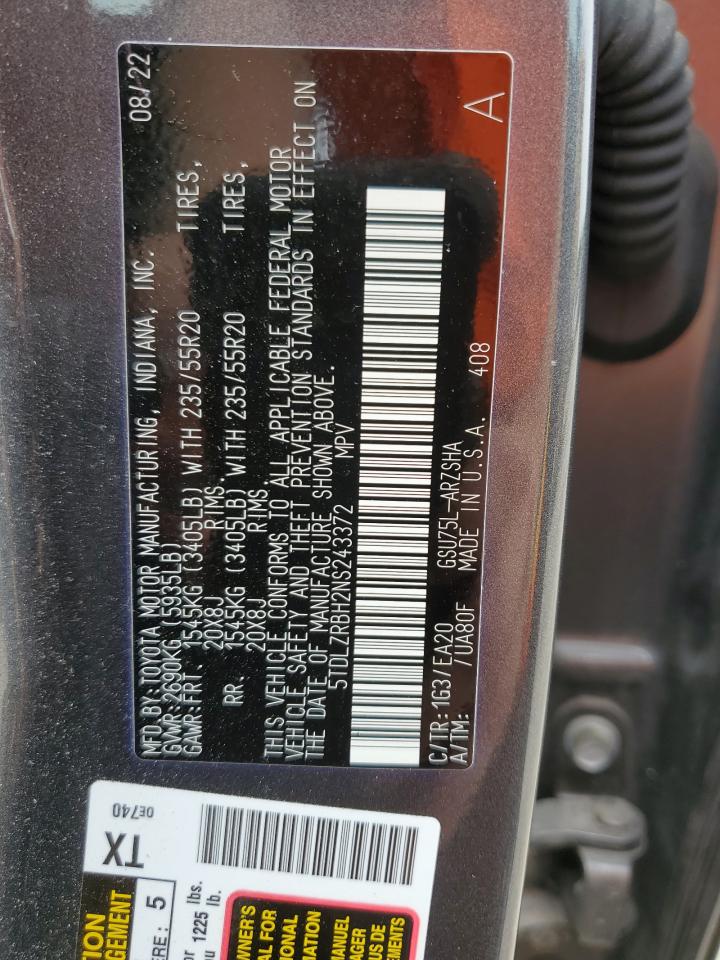 5TDLZRBH2NS243372 2022 Toyota Highlander Xse