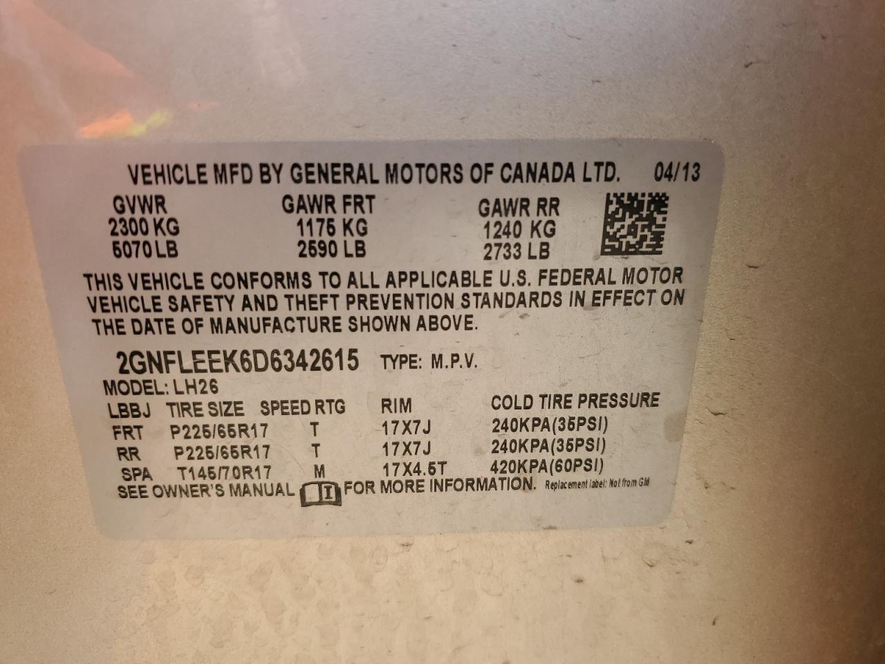 2GNFLEEK6D6342615 2013 Chevrolet Equinox Lt