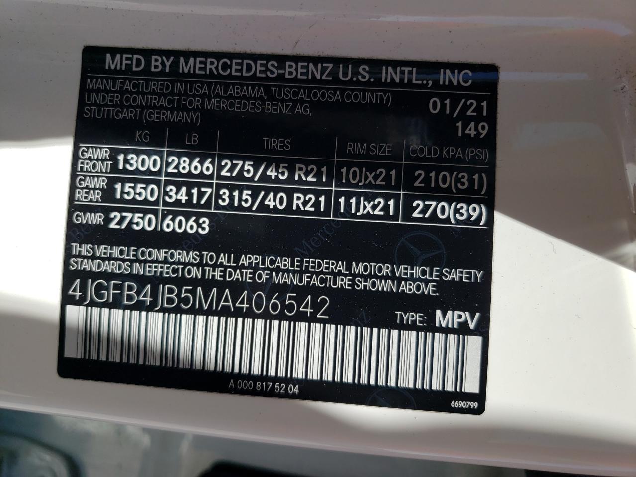 4JGFB4JB5MA406542 2021 Mercedes-Benz Gle 350