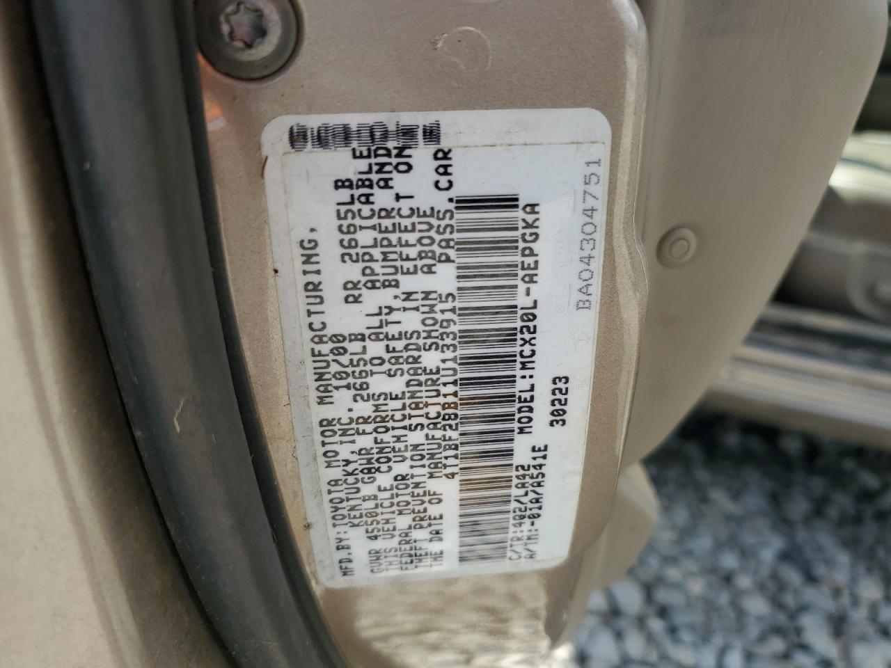 4T1BF28B11U133915 2001 Toyota Avalon Xl