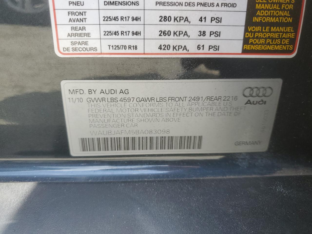 WAUBJAFM5BA083098 2011 Audi A3 Premium