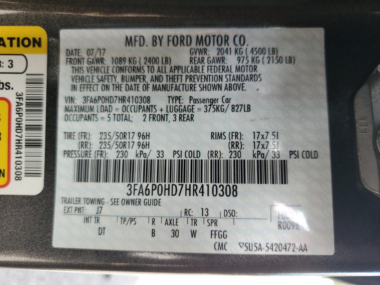 3FA6P0HD7HR410308 FORD FUSION 2017