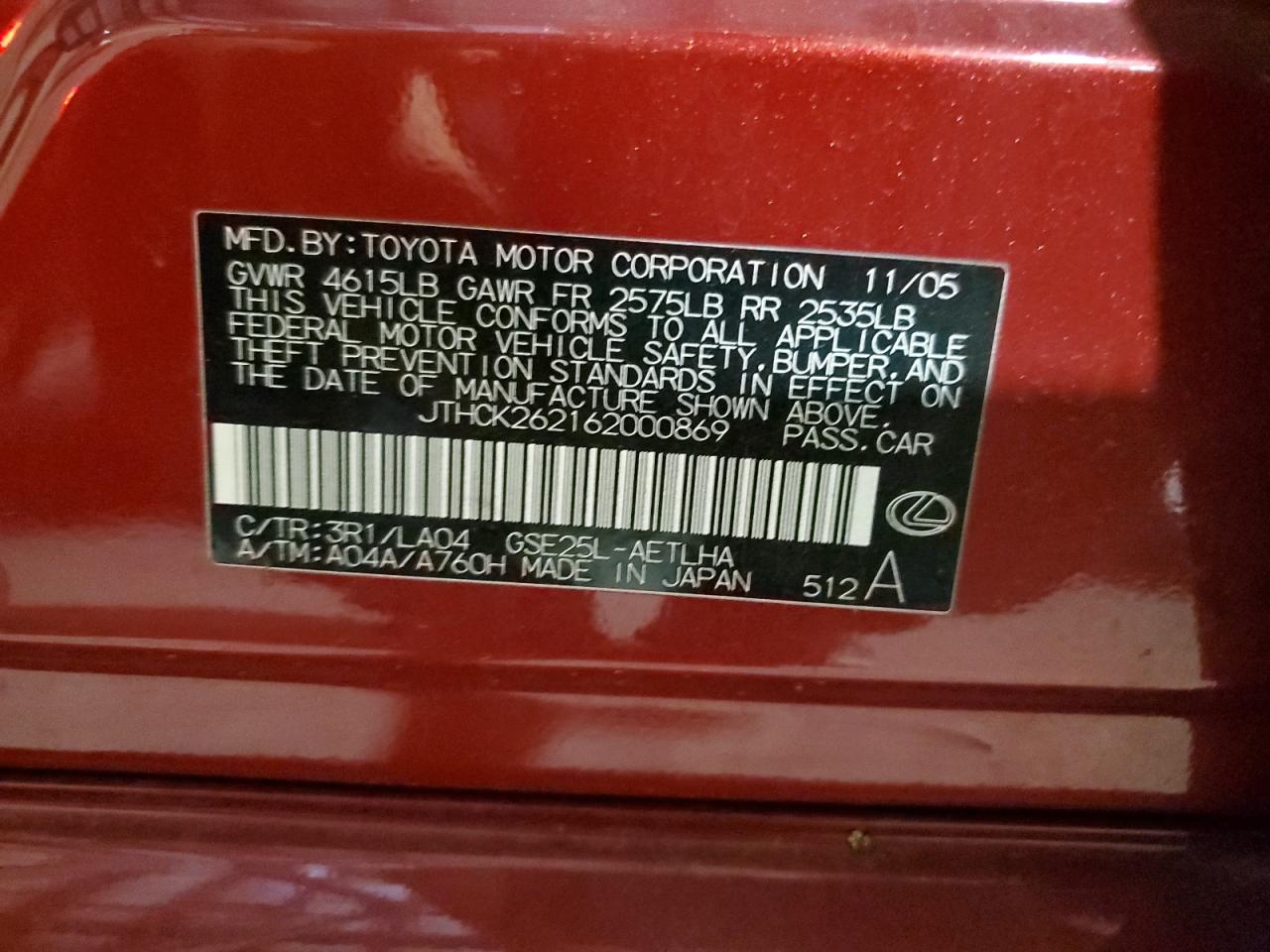 JTHCK262162000869 2006 Lexus Is 250