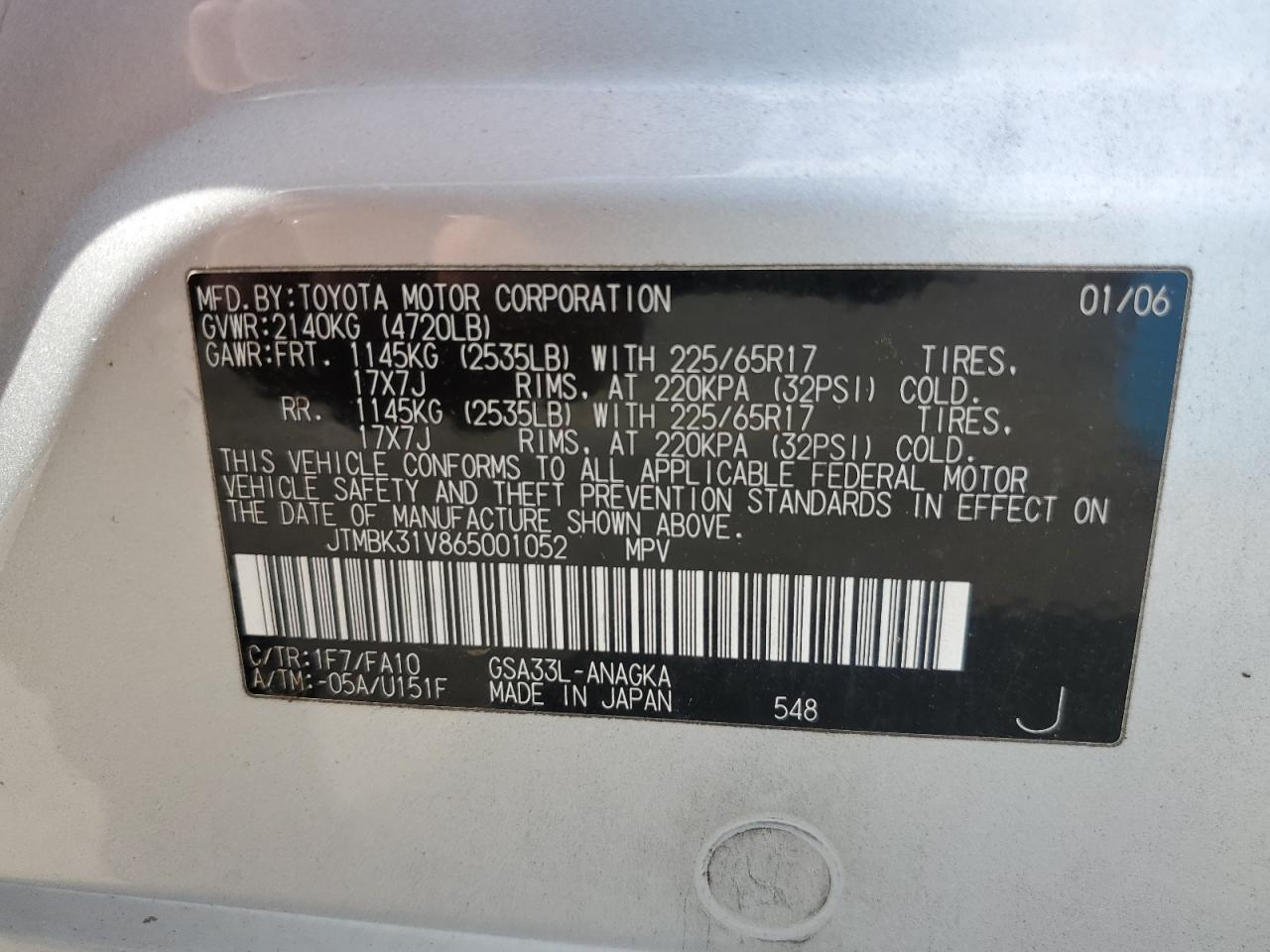 JTMBK31V865001052 2006 Toyota Rav4 Limited
