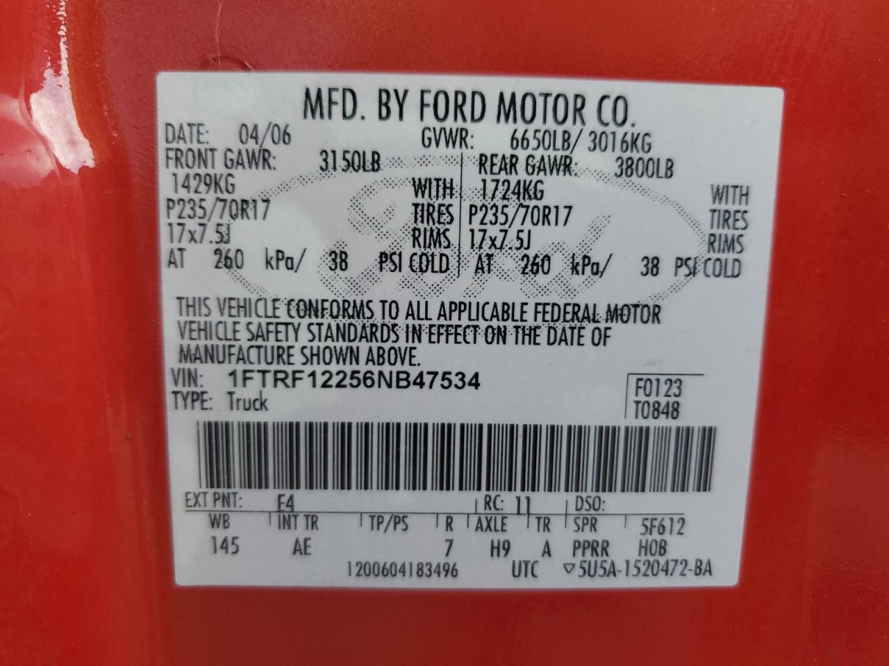 1FTRF12256NB47534 2006 Ford F150