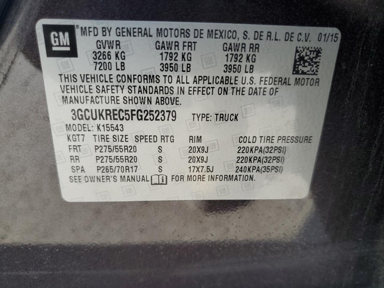 3GCUKREC5FG252379 2015 Chevrolet Silverado K1500 Lt