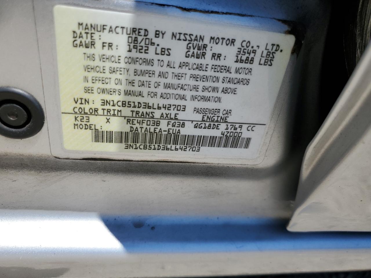 3N1CB51D36L642703 2006 Nissan Sentra 1.8