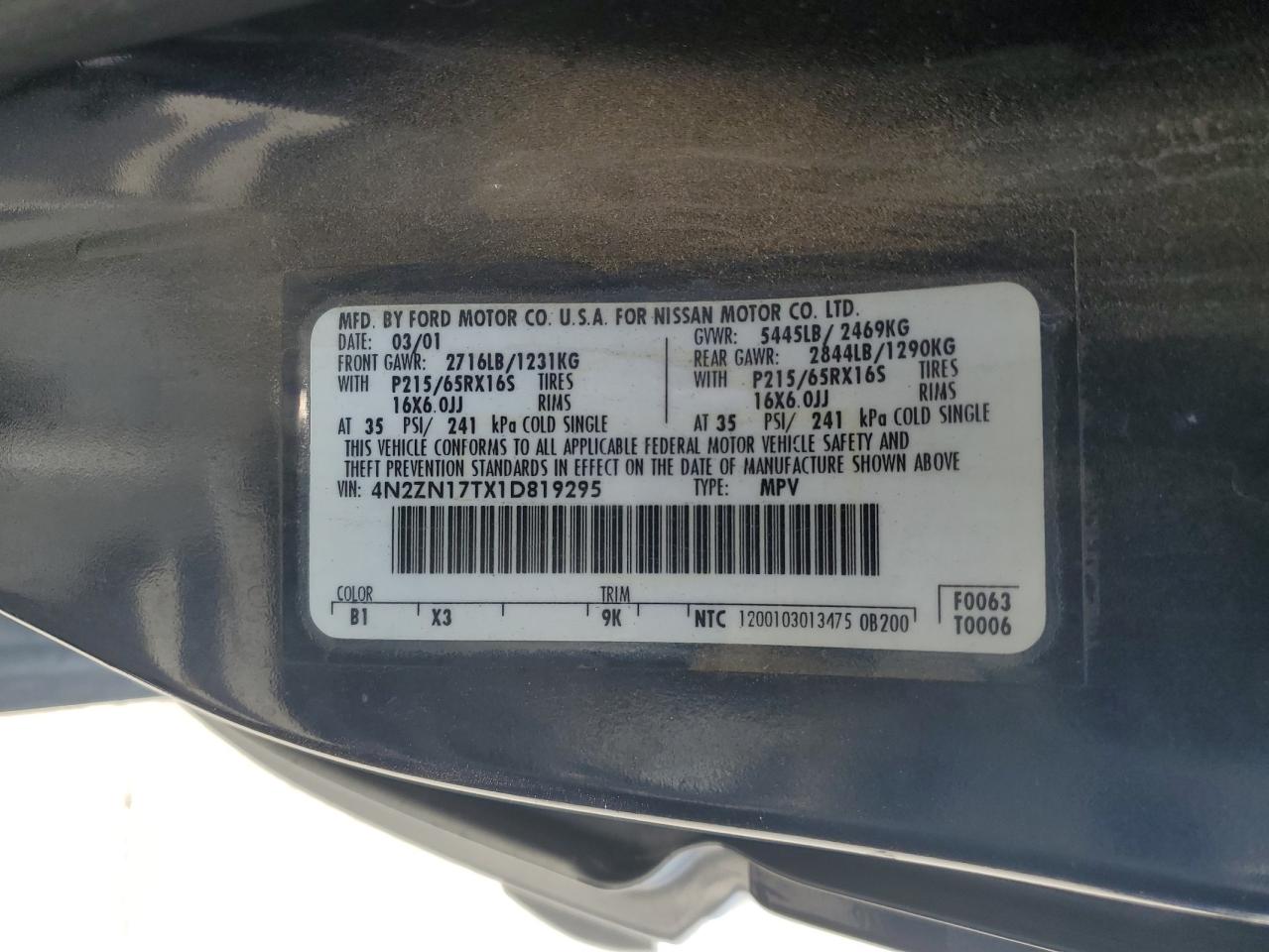 4N2ZN17TX1D819295 2001 Nissan Quest Gle