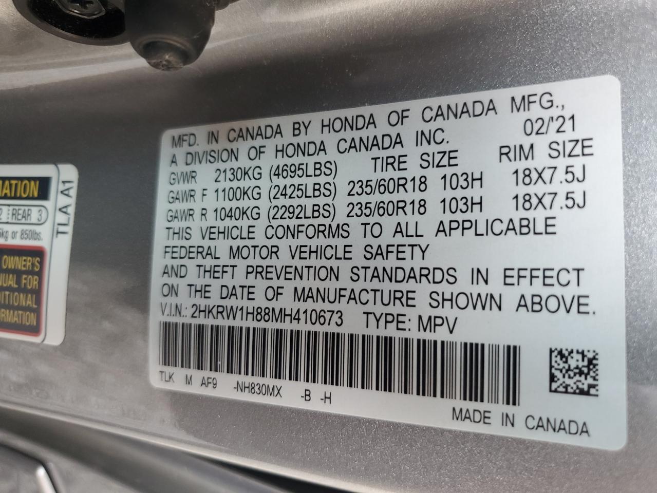 2HKRW1H88MH410673 HONDA CRV 2021