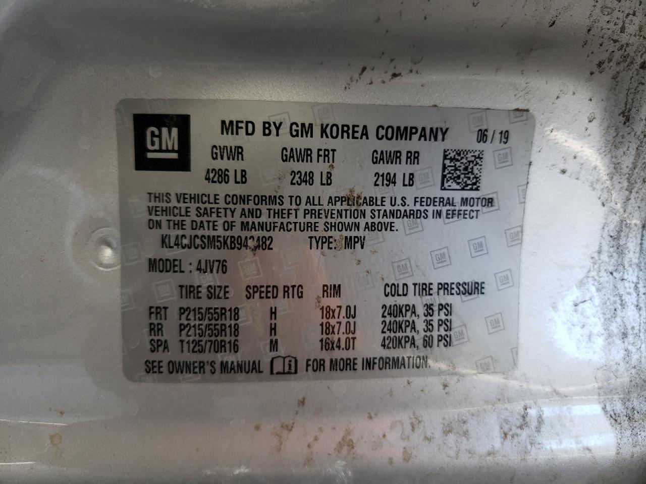 KL4CJCSM5KB943482 2019 Buick Encore Essence