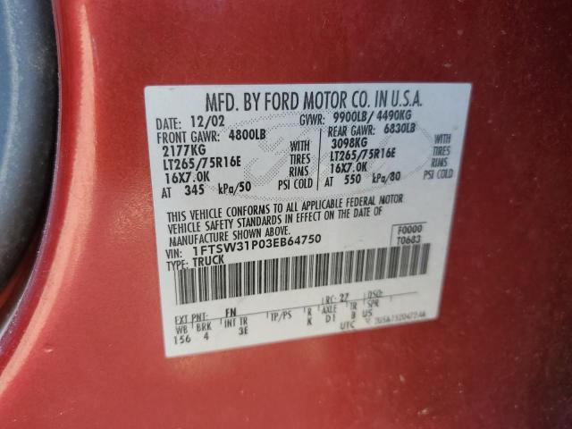 2003 Ford F350 Srw Super Duty VIN: 1FTSW31P03EB64750 Lot: 59032854