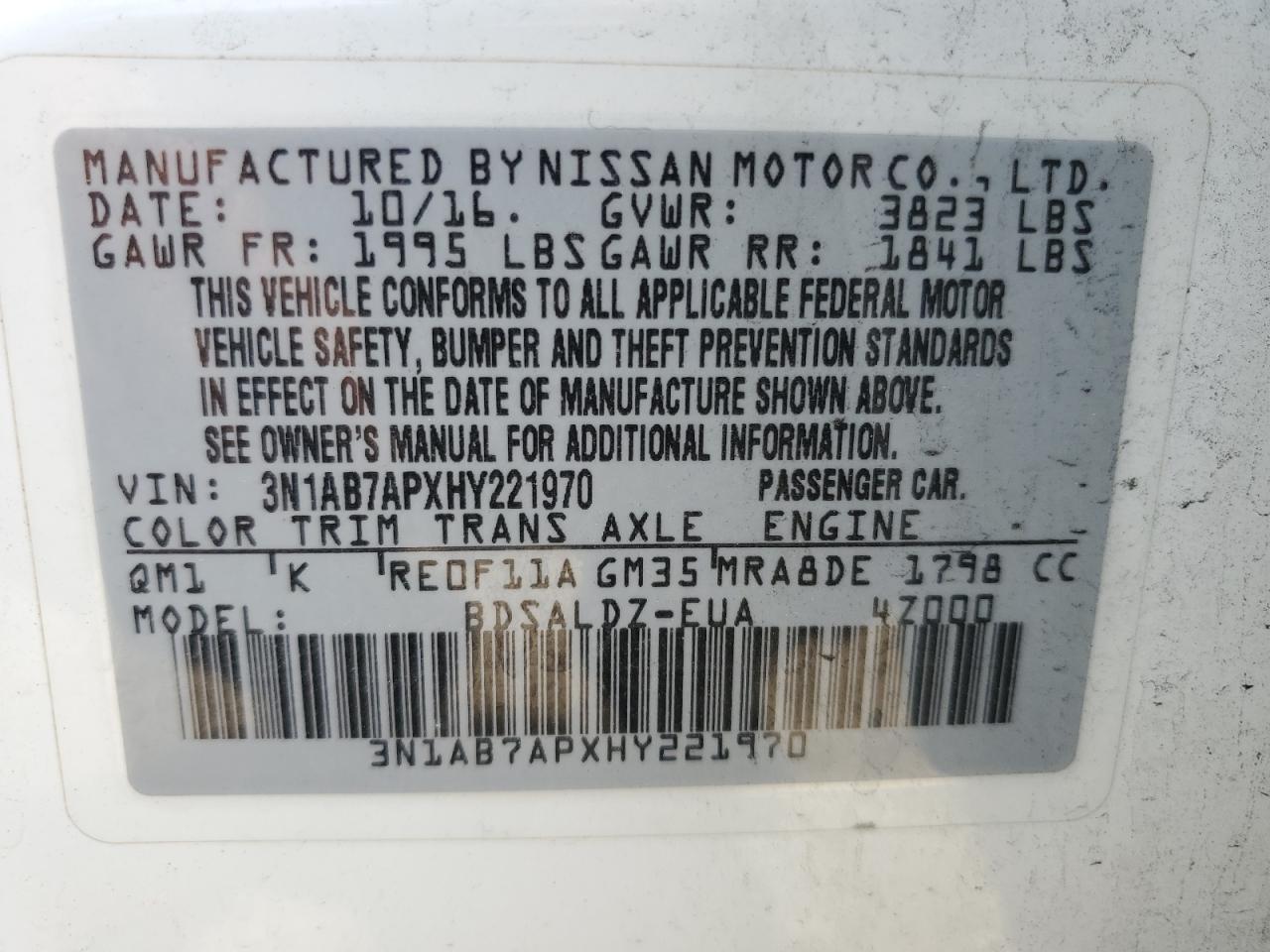 3N1AB7APXHY221970 NISSAN SENTRA 2017