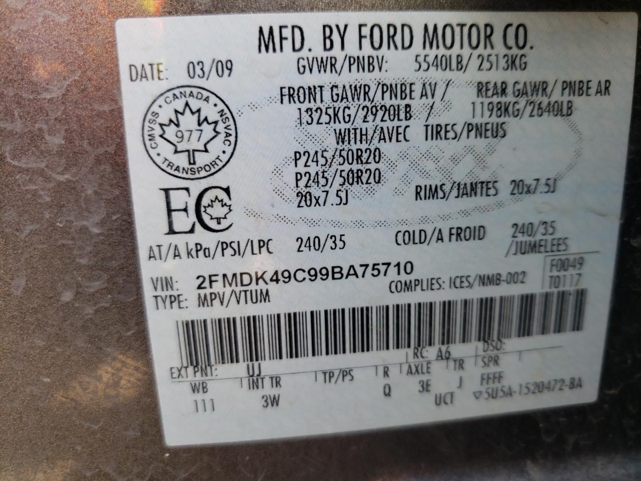 2FMDK49C99BA75710 2009 Ford Edge Limited