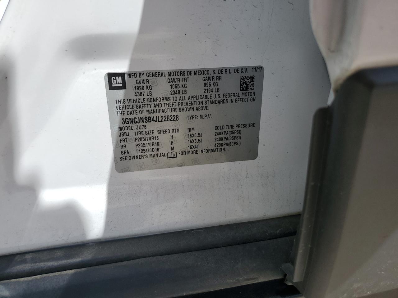 3GNCJNSB4JL228228 2018 Chevrolet Trax Ls