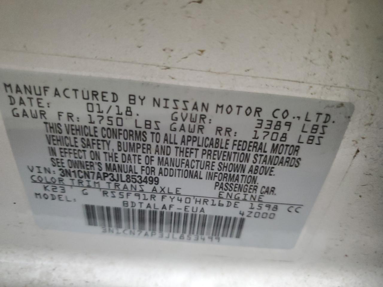 3N1CN7AP3JL853499 2018 Nissan Versa S