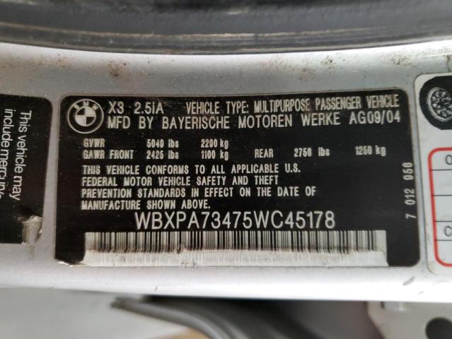 2005 BMW X3 2.5I VIN: WBXPA73475WC45178 Lot: 58693664