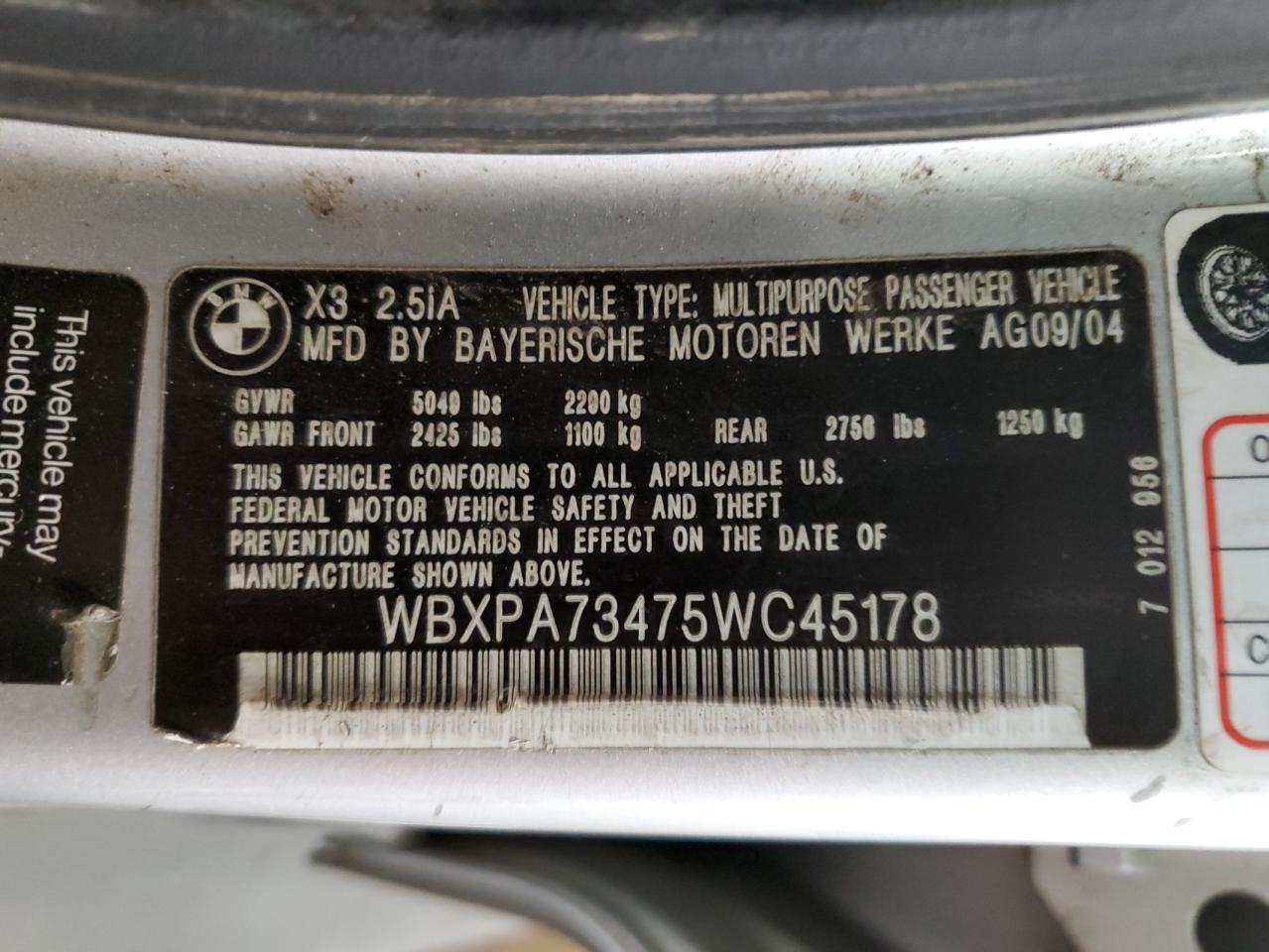 WBXPA73475WC45178 2005 BMW X3 2.5I