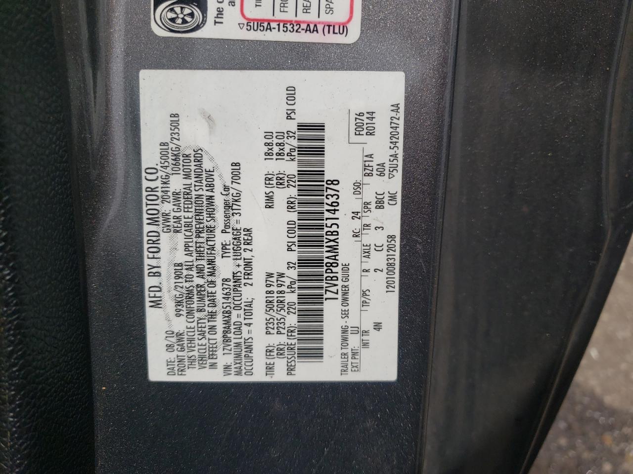 1ZVBP8AMXB5146378 2011 Ford Mustang