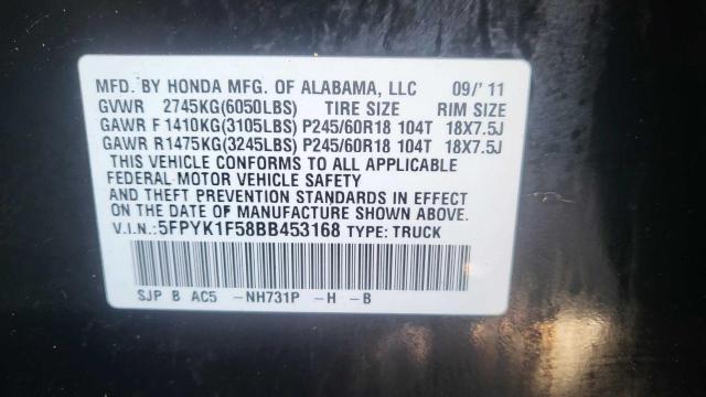 2011 Honda Ridgeline Rtl VIN: 5FPYK1F58BB453168 Lot: 58940574