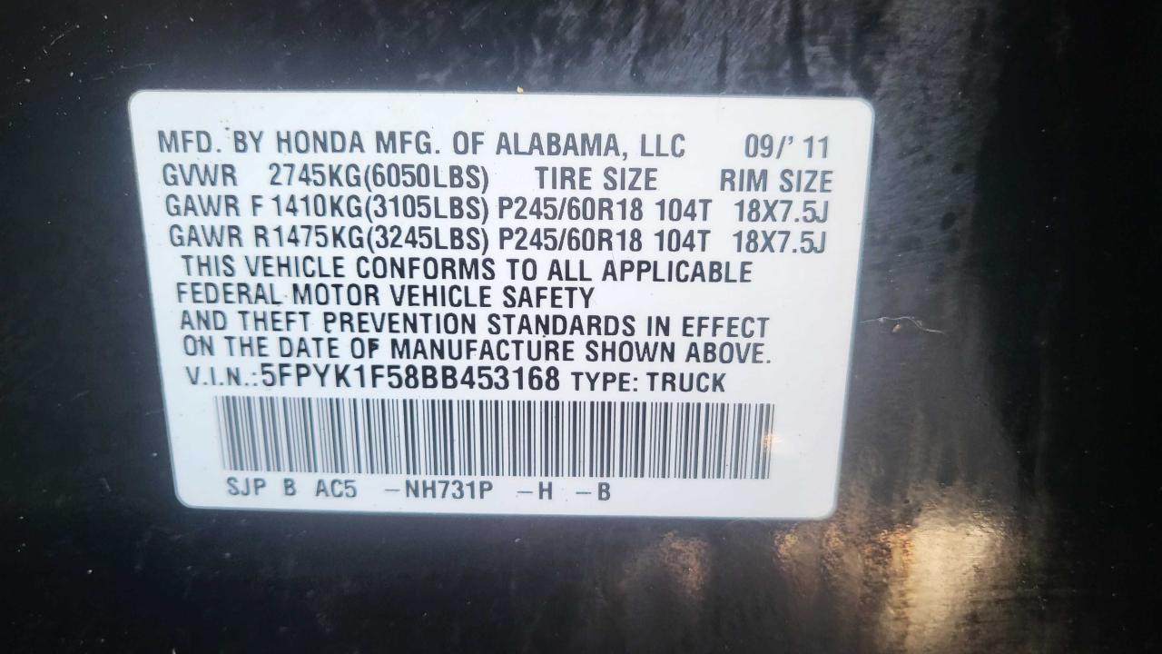 5FPYK1F58BB453168 2011 Honda Ridgeline Rtl